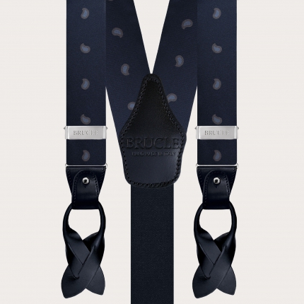 Y-shape fabric suspenders in silk, blue paisley macro pattern