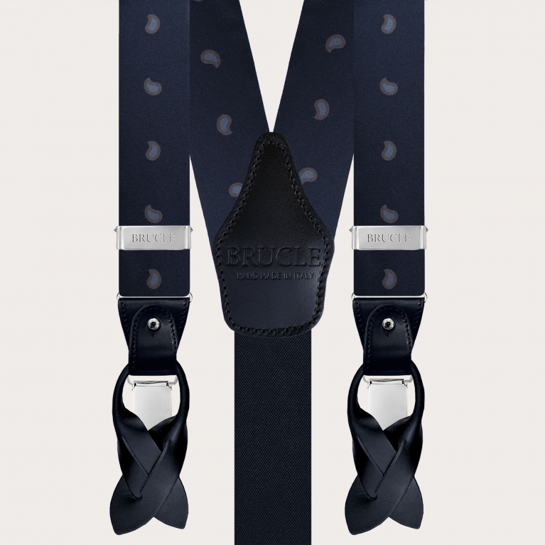 Y-shape fabric suspenders in silk, blue paisley macro pattern