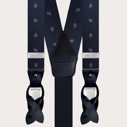 Y-shape fabric suspenders in silk, blue paisley macro pattern