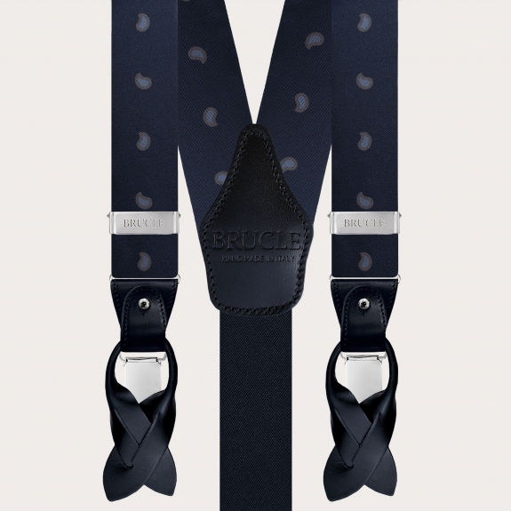 Y-shape fabric suspenders in silk, blue paisley macro pattern