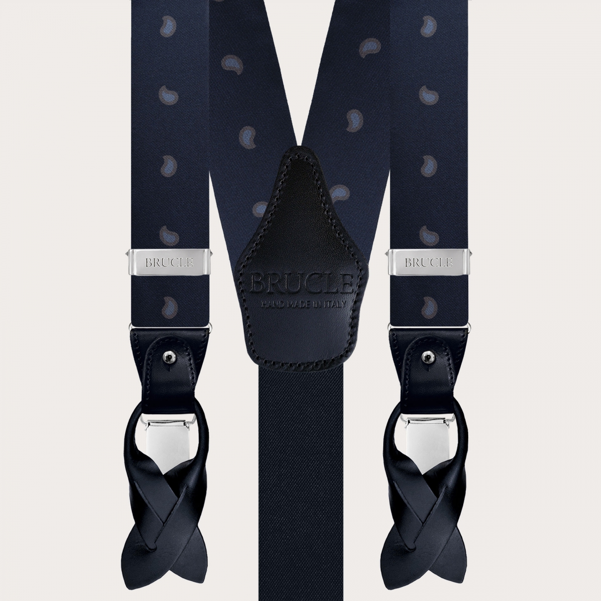 Y-shape fabric suspenders in silk, blue paisley macro pattern