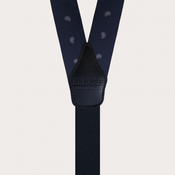 Y-shape fabric suspenders in silk, blue paisley macro pattern