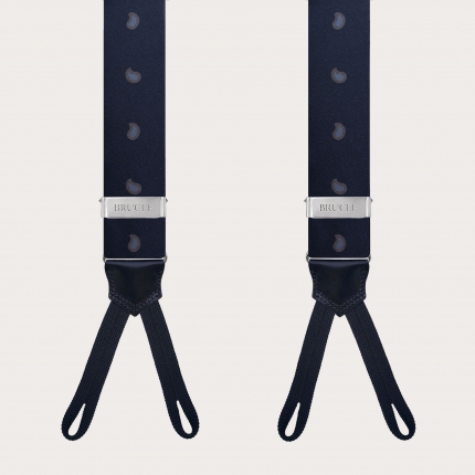 Button silk men's suspenders, blue paisley macro pattern