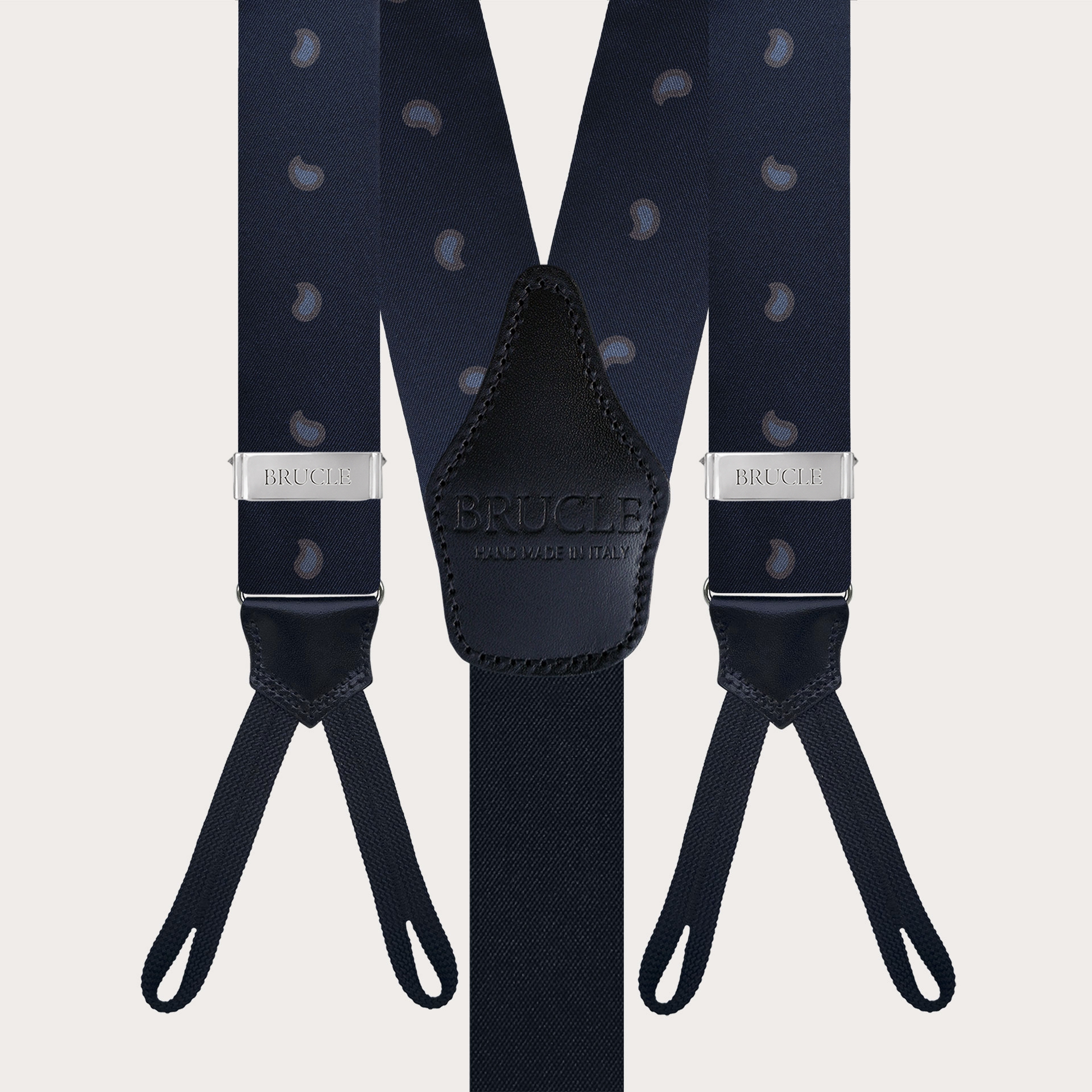 Refined button suspenders in silk, blue paisley macro pattern