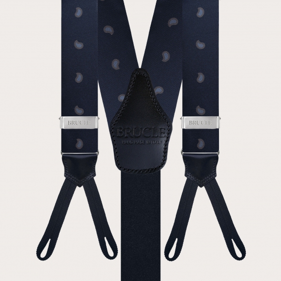 Refined button suspenders in silk, blue paisley macro pattern