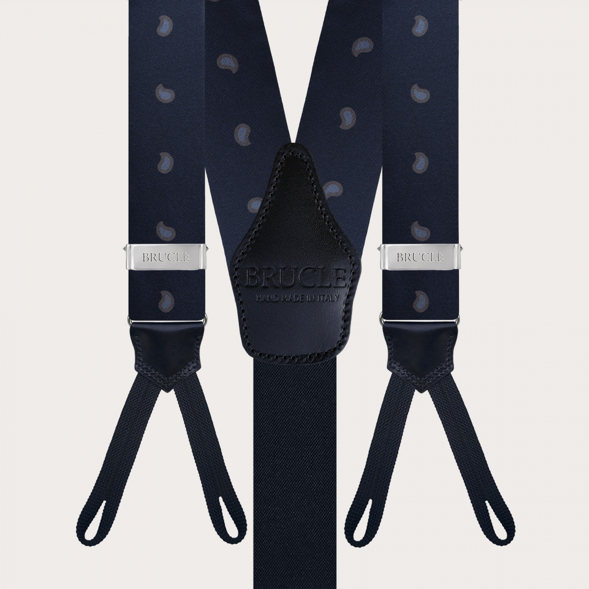 Refined button suspenders in silk, blue paisley macro pattern