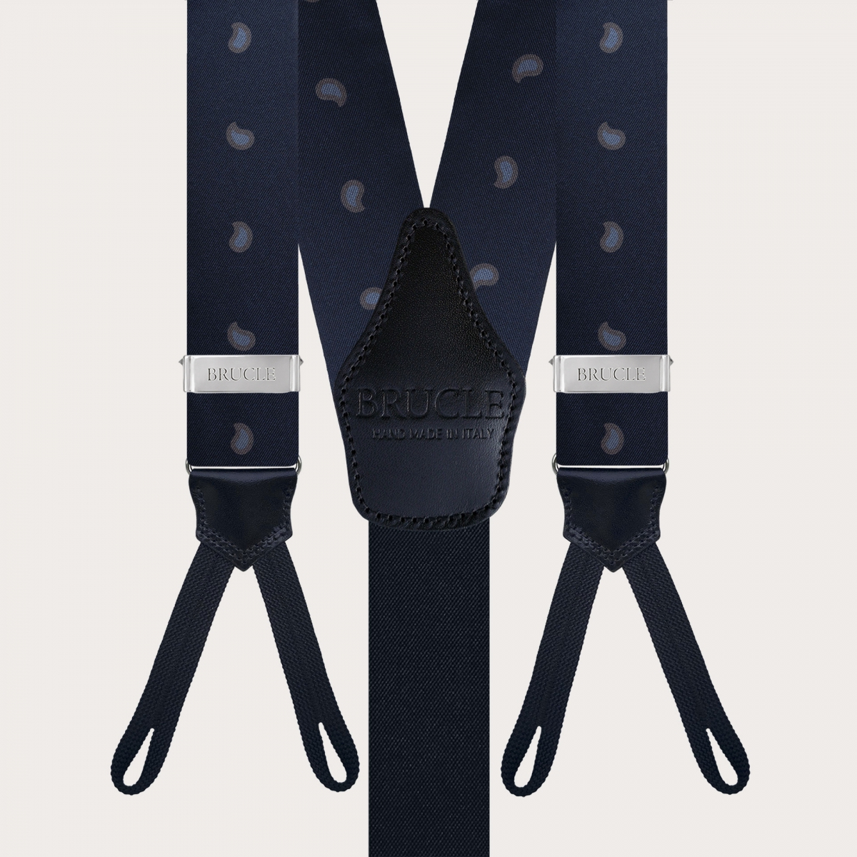 Refined button suspenders in silk, blue paisley macro pattern