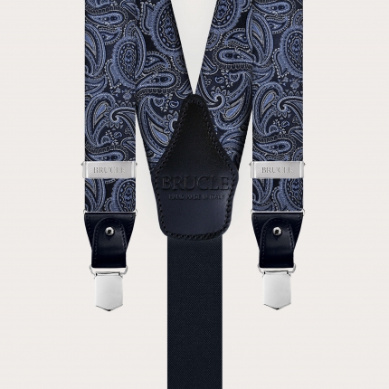 Eleganti bretelle in seta paisley blu per bottoni e clip