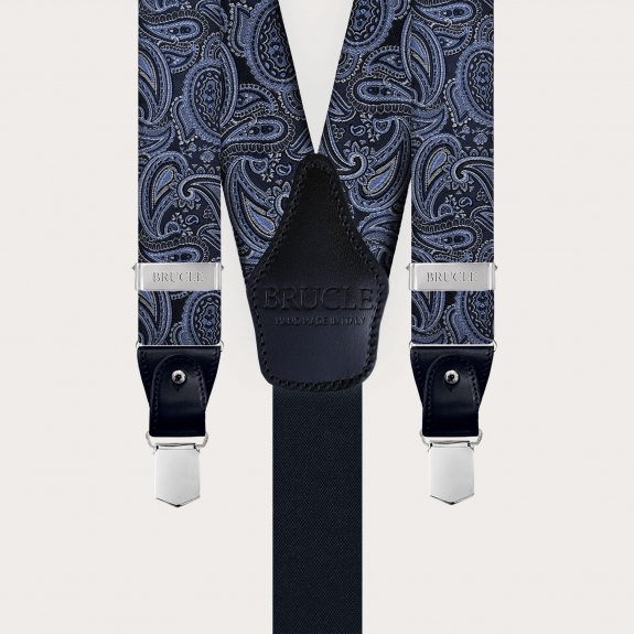 Eleganten Herren-Hosenträger blauen Paisley Doppelfunktion mit Knöpfen oder Clips