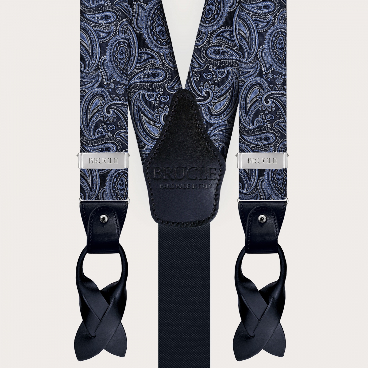Eleganti bretelle in seta paisley blu per bottoni e clip