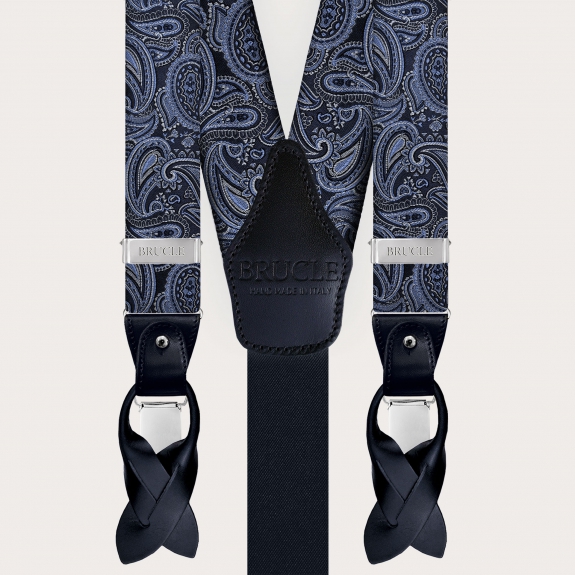 Elegant blue paisley silk suspenders dual-use with button or clips