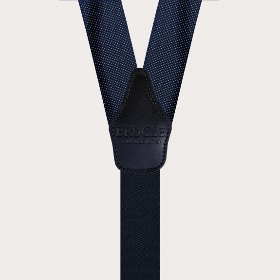 Classic Y-shape fabric suspenders in silk, polka dot navy blue