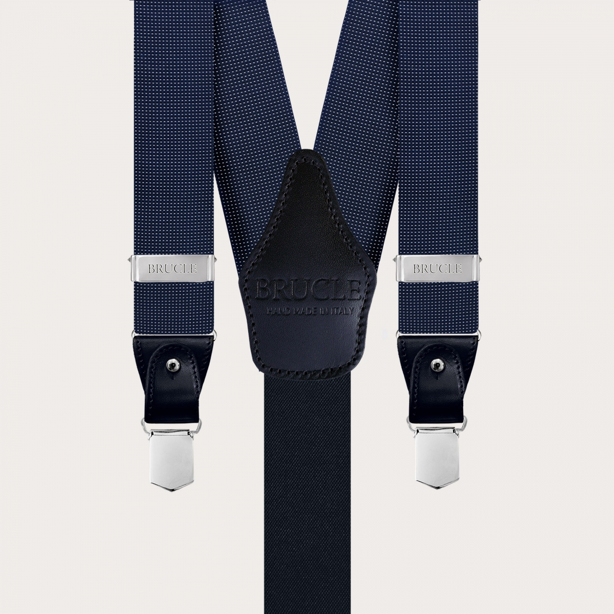 Classic Y-shape fabric suspenders in silk, polka dot navy blue