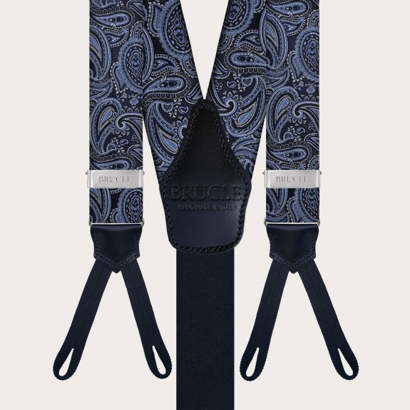 Men's silk suspenders with loops, light blue and blue paisley