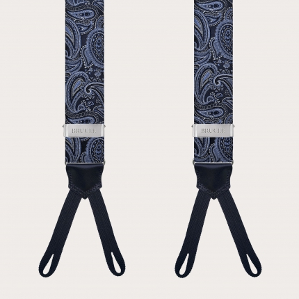 Men's silk suspenders with loops, light blue and blue paisley