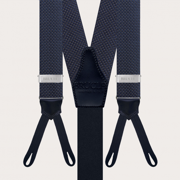Men's jacquard silk suspenders with loops, blue with pin dot pattern
