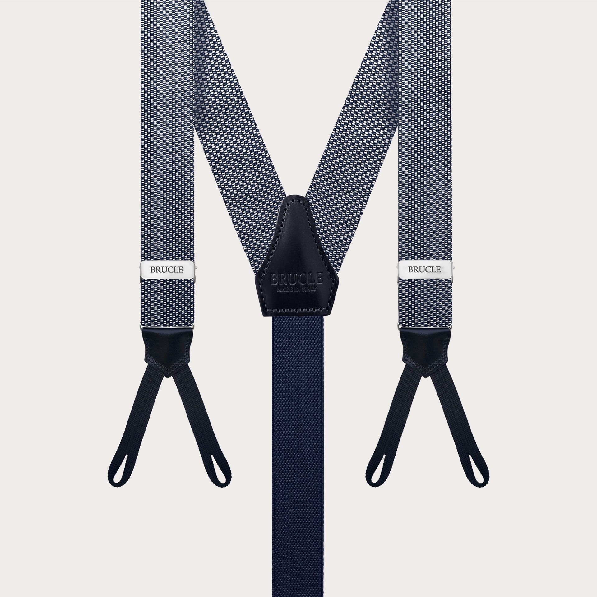 Men's Narrow Silk Braces in Blue and White Pattern designed for buttons