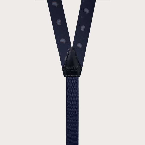 Slim Y-shape fabric suspenders in printed silk, blue paisley pattern