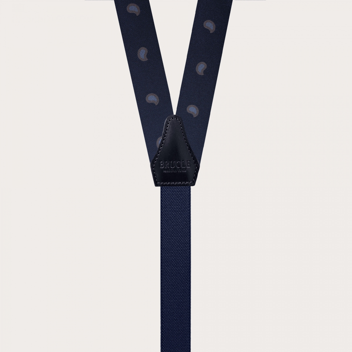 Slim Y-shape fabric suspenders in printed silk, blue paisley pattern