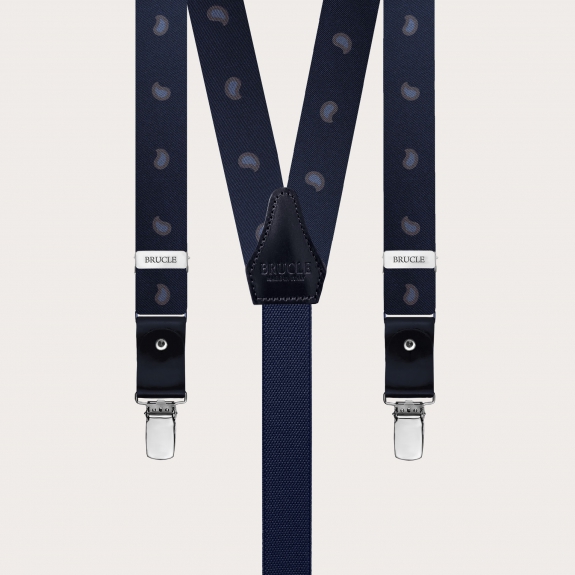 Slim Y-shape fabric suspenders in printed silk, blue paisley pattern