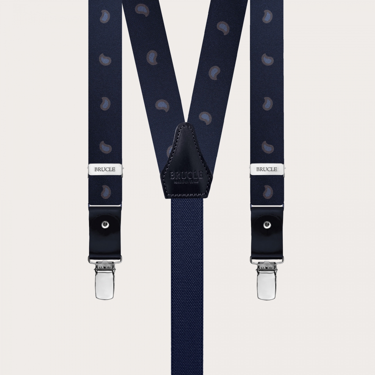 Slim Y-shape fabric suspenders in printed silk, blue paisley pattern