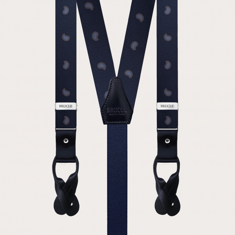 Slim Y-shape fabric suspenders in printed silk, blue paisley pattern