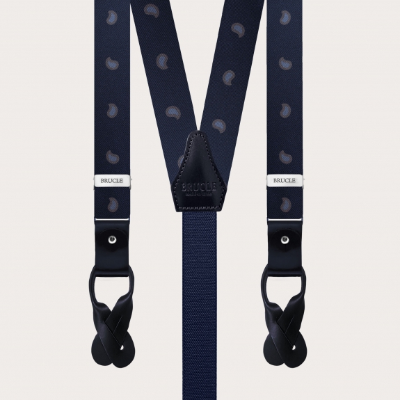 Slim Y-shape fabric suspenders in printed silk, blue paisley pattern