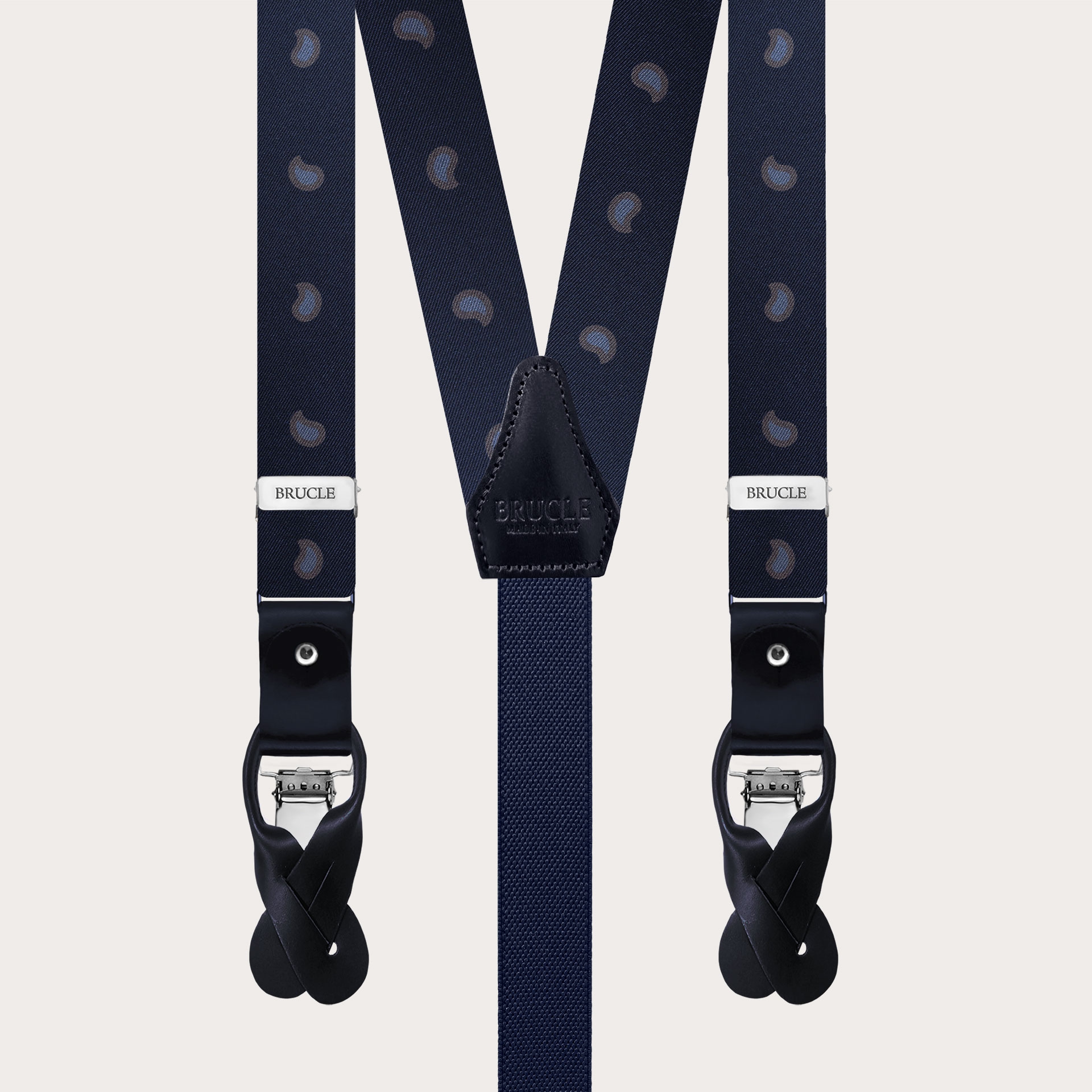 Slim Y-shape fabric suspenders in printed silk, blue paisley pattern