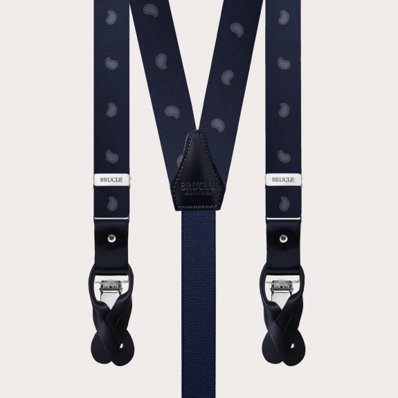 Slim Y-shape fabric suspenders in printed silk, blue paisley pattern