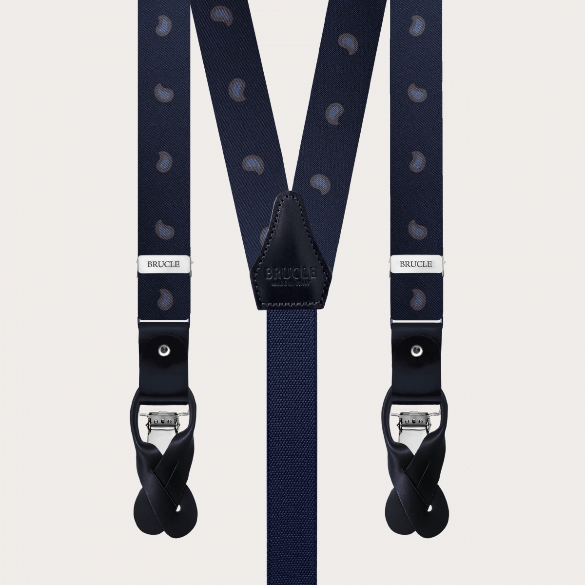 Slim Y-shape fabric suspenders in printed silk, blue paisley pattern