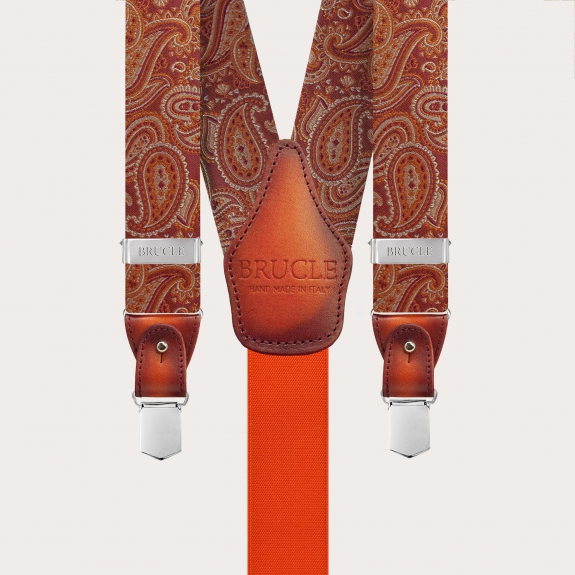 Elegant orange paisley silk suspenders with hand-faded leather