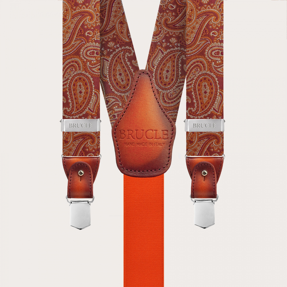 Elegant orange paisley silk suspenders with hand-faded leather