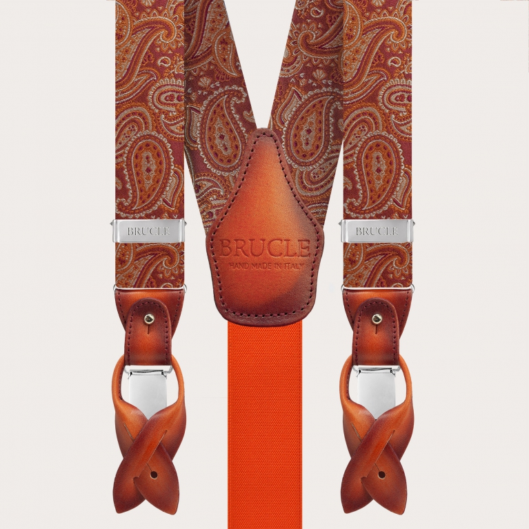 Eleganti bretelle in seta paisley arancio marsala con pelle sfumata a mano
