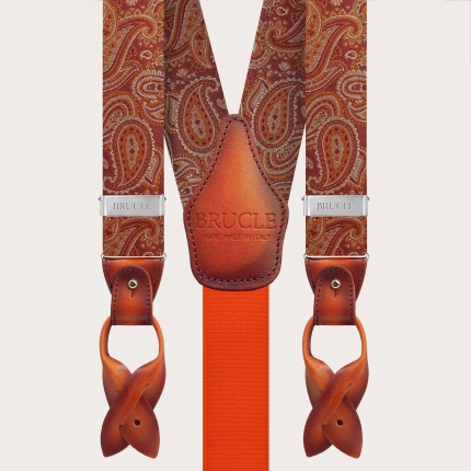 Elegante orangefarbene Paisley-Seidenhosenträger mit handverblasstem Leder