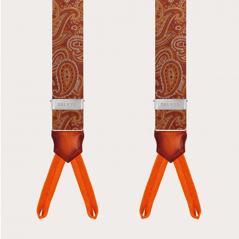 Marsala Orange Paisley Seidenknopf Hosenträger mit handgeschattiertem Leder