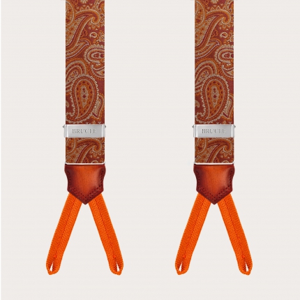 Bretelles boutonnées en soie paisley orange marsala avec cuir dégradé à la main