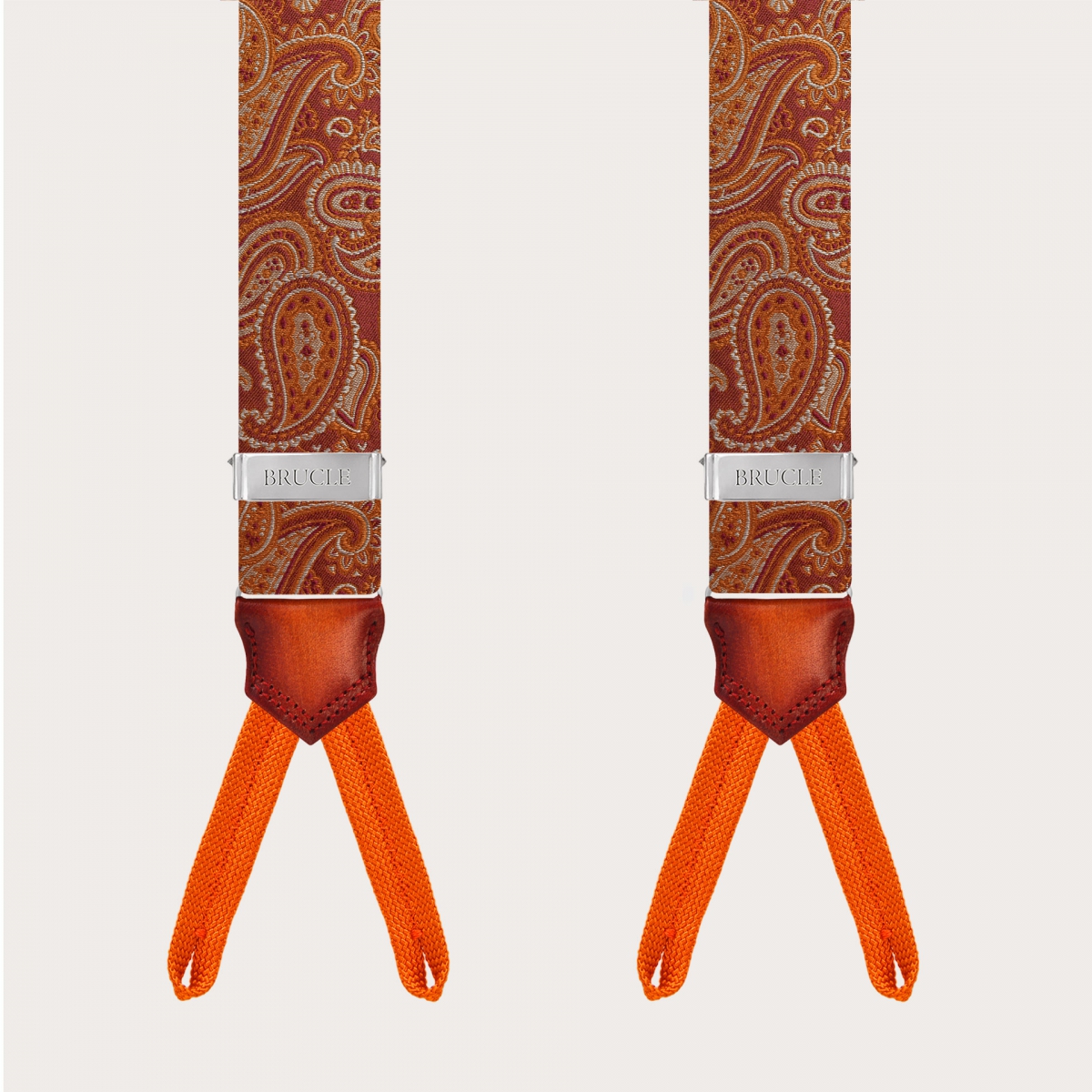 Bretelles boutonnées en soie paisley orange marsala avec cuir dégradé à la main