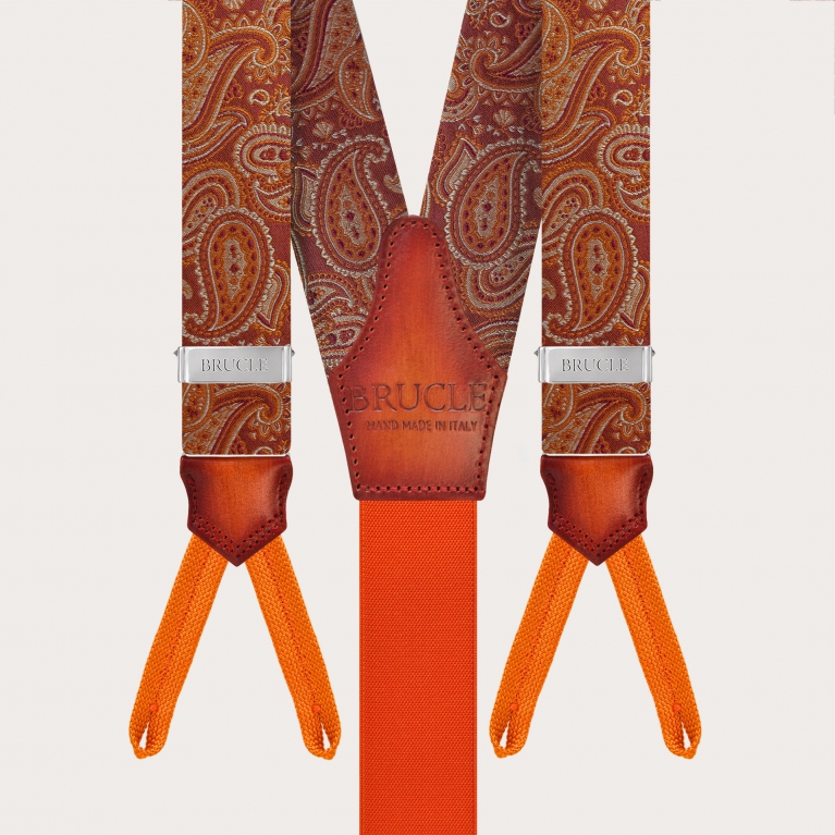 Marsala Orange Paisley Seidenknopf Hosenträger mit handgeschattiertem Leder