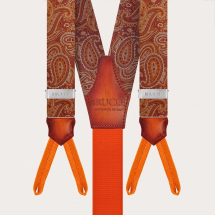 Bretelle per bottoni in seta paisley arancio marsala con pelle sfumata a mano