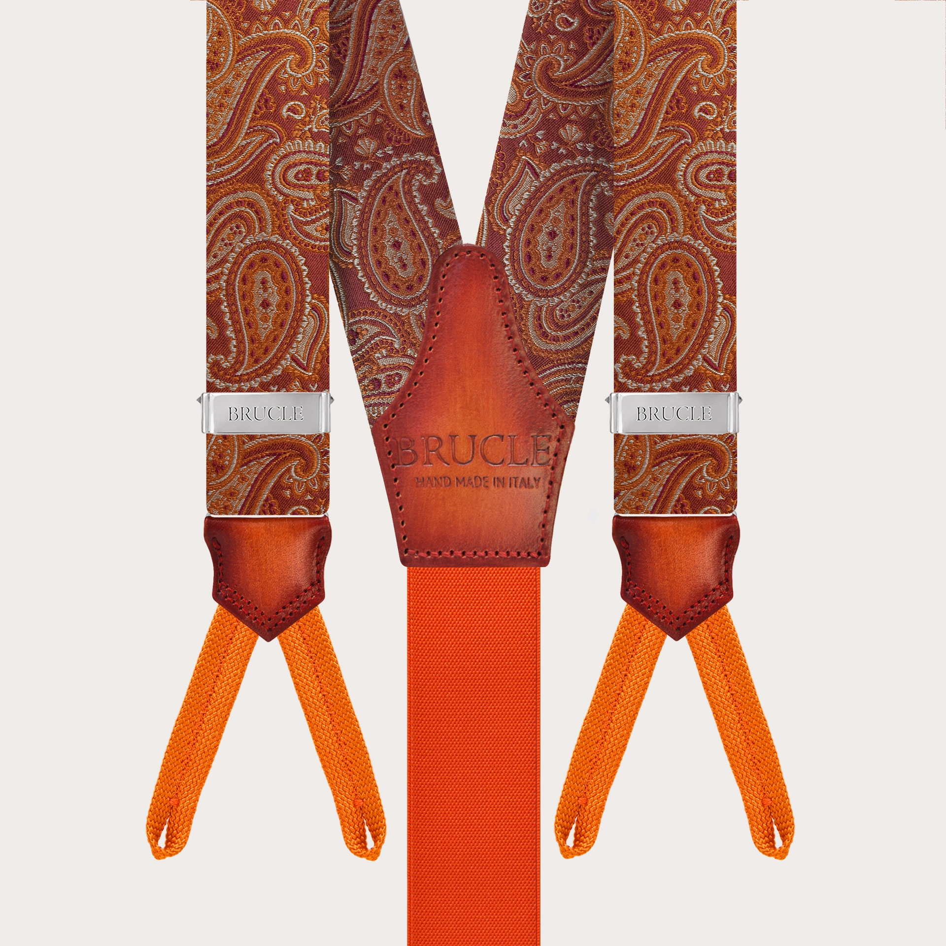 Marsala Orange Paisley Silk Button Braces with Hand-Shaded Leather