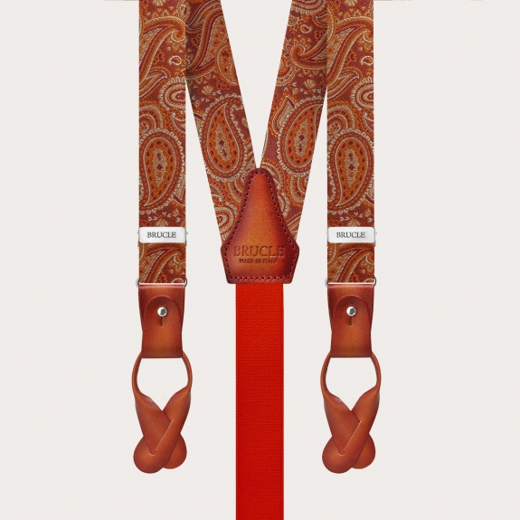 Orange slim silk suspenders with a paisley design