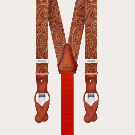 Orange slim silk suspenders with a paisley design