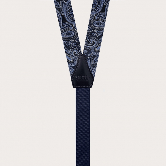 Schmale Seidenhosenträger in blauem Paisley-Muster für Knöpfe oder Clips