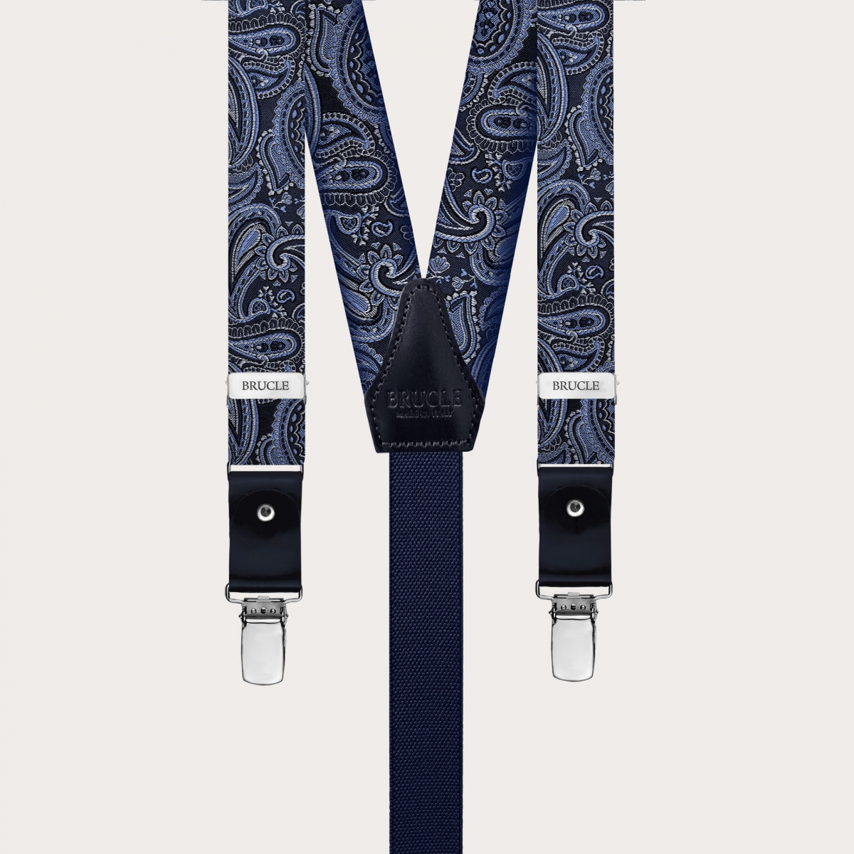 Narrow silk suspenders in blue paisley pattern for buttons or clips