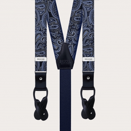 Narrow silk suspenders in blue paisley pattern for buttons or clips