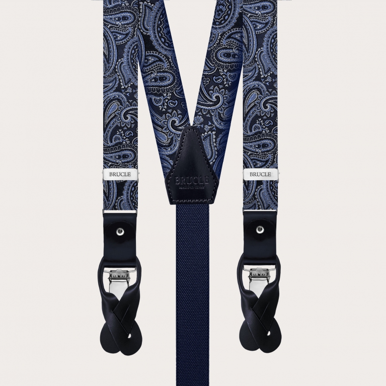Schmale Seidenhosenträger in blauem Paisley-Muster für Knöpfe oder Clips