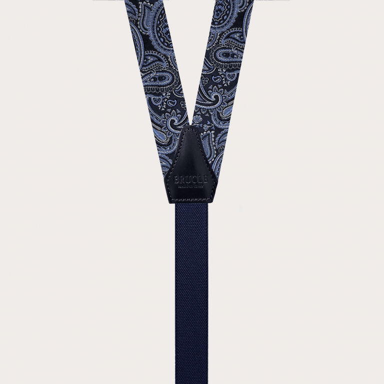 Refined Men's Narrow Silk Suspenders in Blue paisley designed for buttons