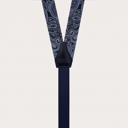 Bretelles pour hommes fines en soie à tresses, motif paisley bleu