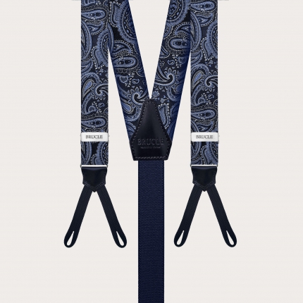 Bretelles pour hommes fines en soie à tresses, motif paisley bleu
