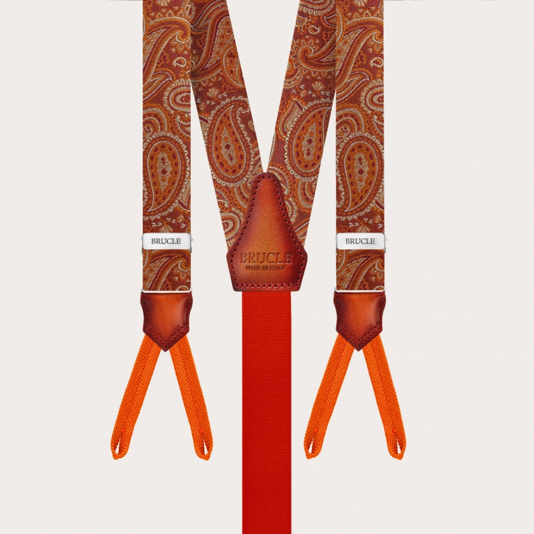 Herrenhosenträger für Knöpfe mit Orange-Marsala Paisley-Muster